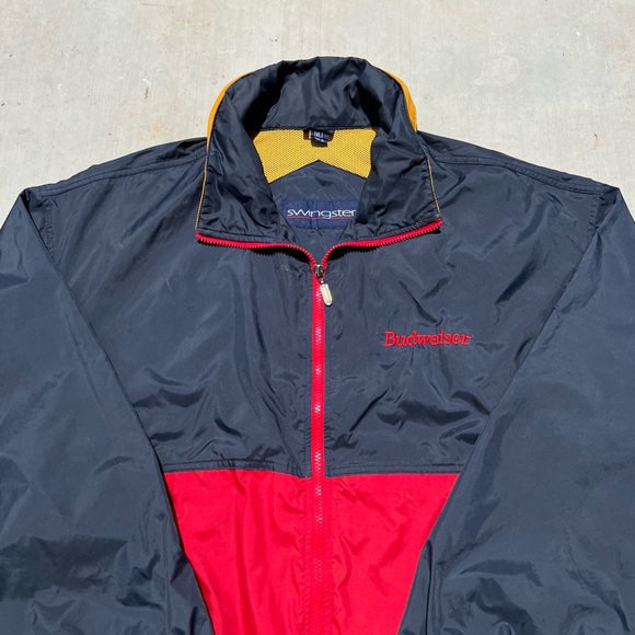 Mens vintage 80s Budweiser beer navy and red zip hooded rain windbreaker jacket - Picture 3 of 4